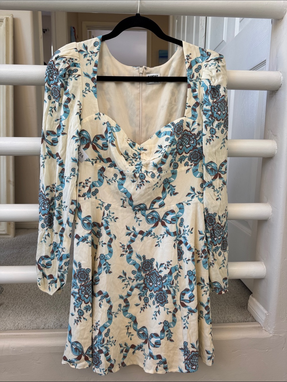 Sunday Best Cream Dress with Blue Floral & Ribbon Print